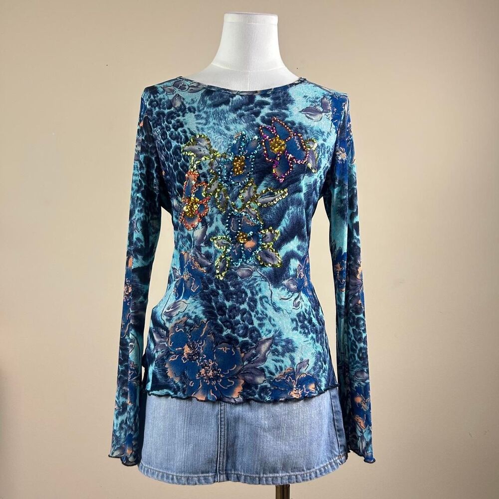 Azi Whimsy Mesh and Sequin Frutiger Aero Floral Top